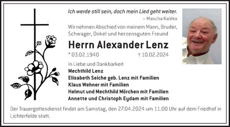 Traueranzeigen Von Alexander Lenz M Rkische Onlinezeitung Trauerportal