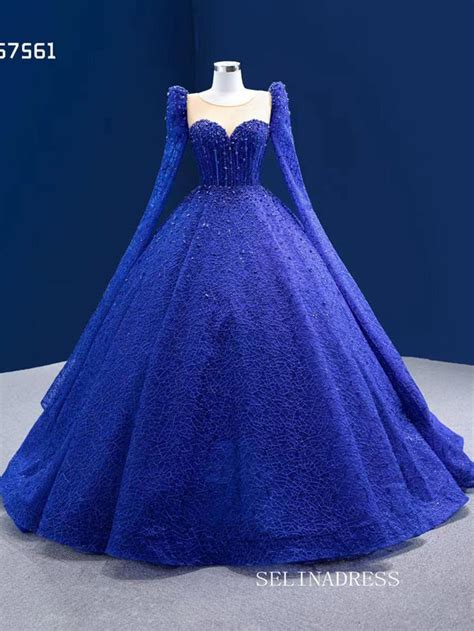 Luxury Scoop Long Sleeve Royal Blue Ball Gown Prom Dress Beaded Quince