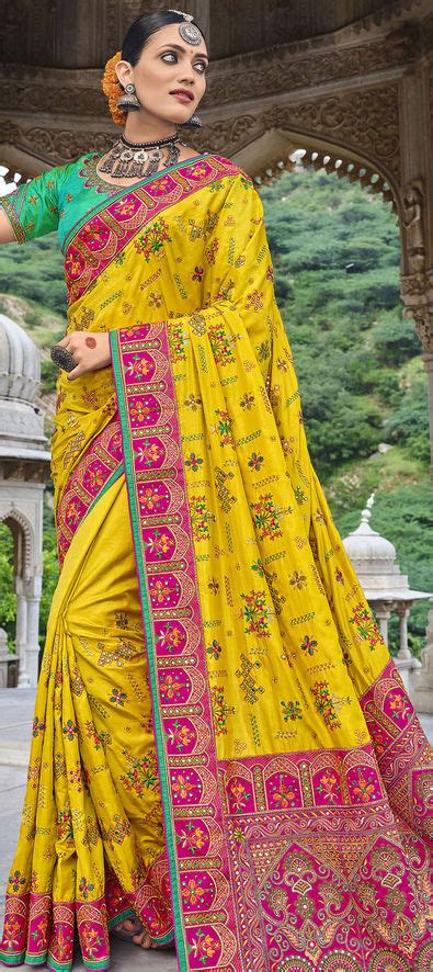 Bridal Traditional Wedding Yellow Color Satin Silk Silk Fabric Saree