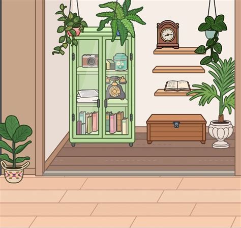 A Room With Plants And Bookshelves On The Wall In Front Of A Green Cabinet