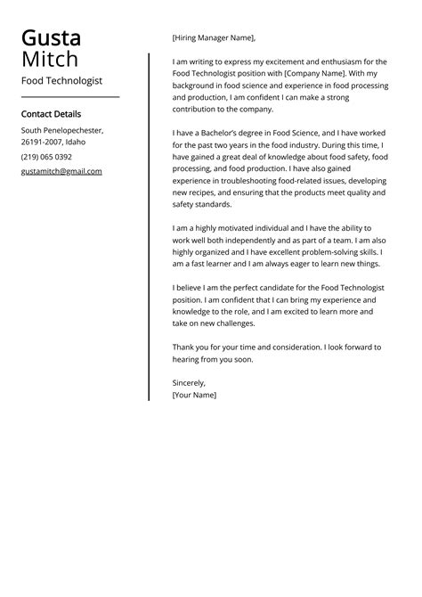 Food Technologist Cover Letter Example Free Guide