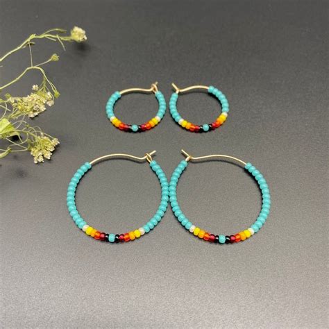 Indigenous Native Inspired Seed Bead Hoop Earrings Bohemian Boho Hippie