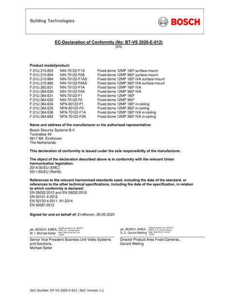 Fillable Online EC Declaration Of Conformity No BT VS 2020 E 012 Fax