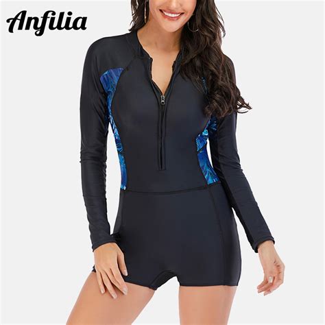 Anfilia Women S One Piece Long Sleeve Rash Guard Surf Suit Boxer Zipper Wet Suit Conservative