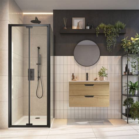 Scudo Bifold 800mm Semi Frameless Shower Door 6mm Glass Black S6 Blkglass023