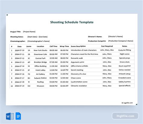 Shooting Schedule Template - Word | Google Docs - Highfile