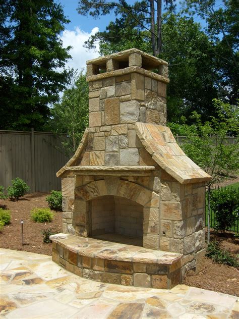 Outdoor Stack Stone Fireplace With Flagstone Decking Outdoor