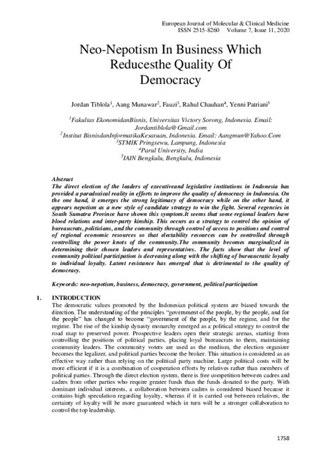 (PDF) Neo-Nepotism In Business Which Reducesthe Quality Of Democracy | Aang Munawar - Academia.edu