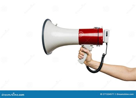 Man Hand Holding A Red And White Bullhorn Or Megaphone In His Hand Isolated On White Background