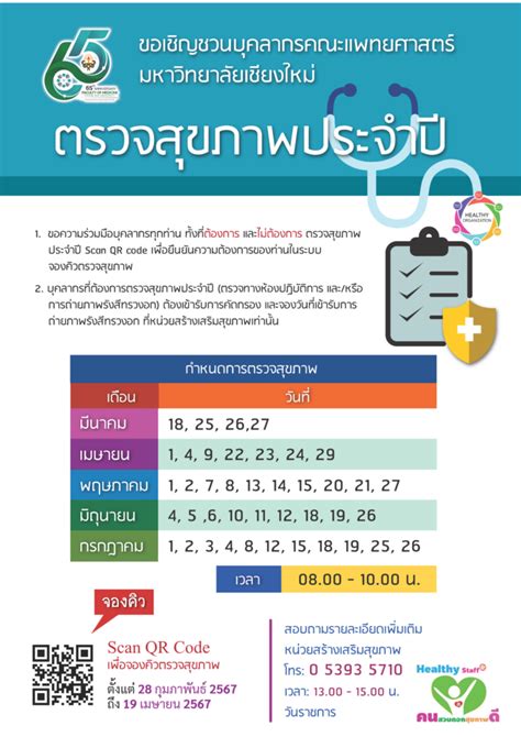 ขอเชิญบุคลากรตรวจสุขภาพประจำปี 2567 งานบริหารงานบุคคล คณะแพทยศาสตร์ มหาวิทยาลัยเชียงใหม่