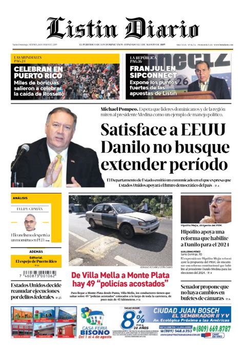 Portada Periódico Listín Diario Viernes 26 De Julio 2019 Dominicana Do