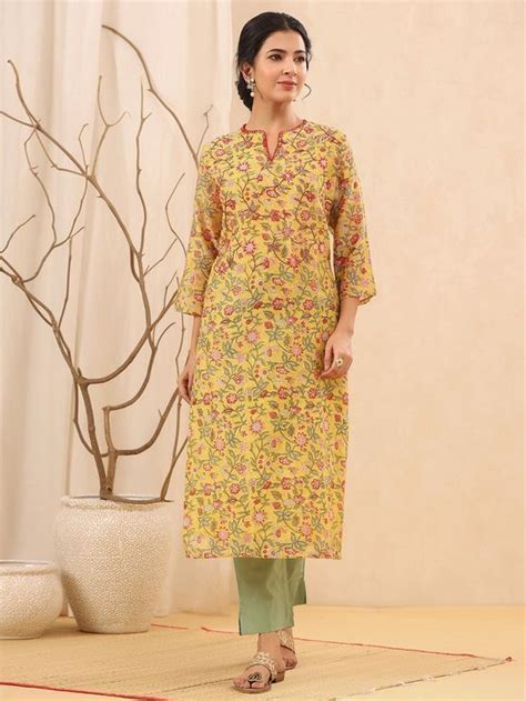 Buy Green Hand Block Printed Chanderi Kurta With Cotton Pants And Kota