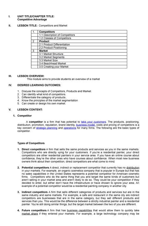 Competitive Advantage - I. UNIT TITLE/CHAPTER TITLE: Competitive