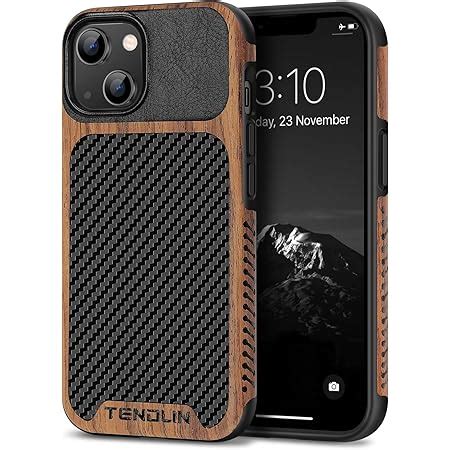 TENDLIN Compatible With IPhone 13 Case Wood Grain With Carbon Fiber