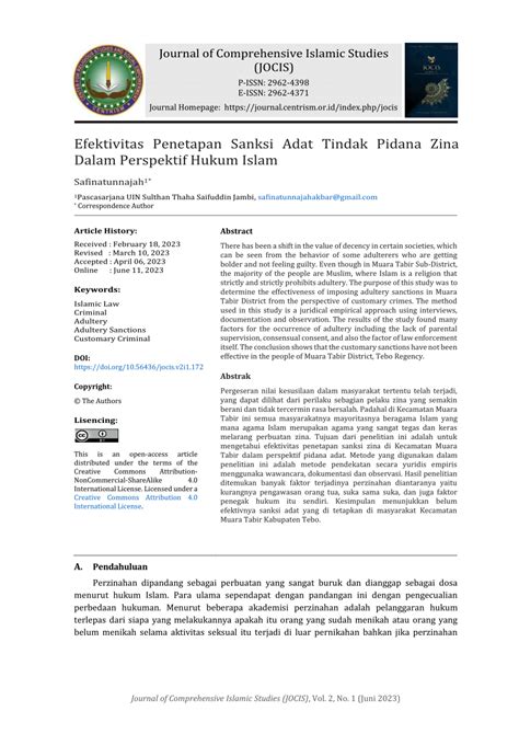 PDF Efektivitas Penetapan Sanksi Adat Tindak Pidana Zina Dalam