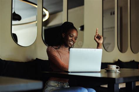 Multicultural Smiling Afro American Woman Work With Laptop And Drink