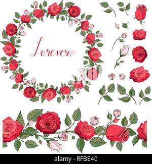 Vector Horizontal Seamless Garland With Red And Pink Roses Lilac