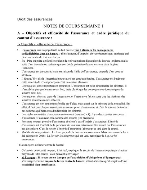 DRT 3201 Notes De Cours Droit Des Assurances NOTES DE COURS SEMAINE