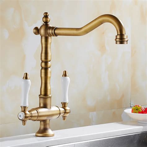 360 Swivel Kitchen Faucet Antique Brass Dual Porcelain Traditional Kitchen Sink Mixer Taps Twin