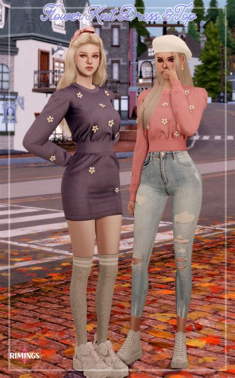 RIMINGS Flower Knit Dress Top RIMINGS Knit Dress Sims 4