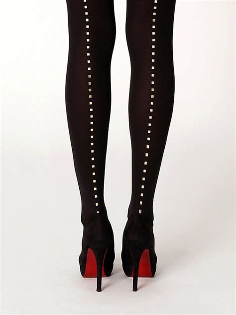 Amazing Black Tights With Metallic Gold Pattern Line From Small Squares Only On One Side Of