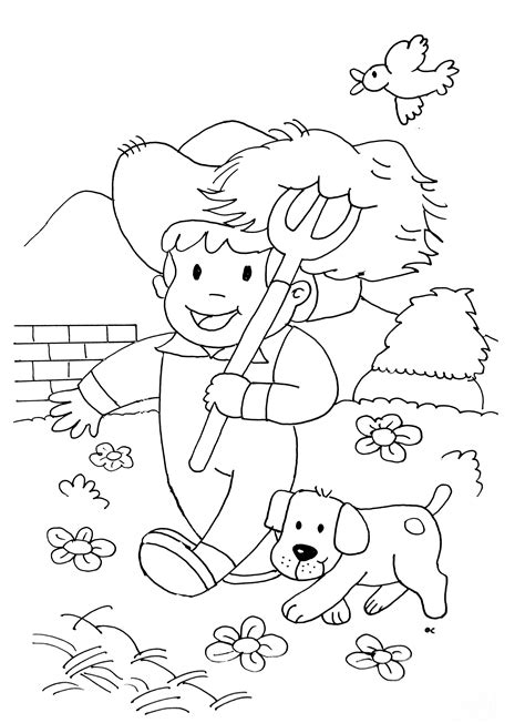 Little farmer and his dog - Horse Coloring Pages for Kids