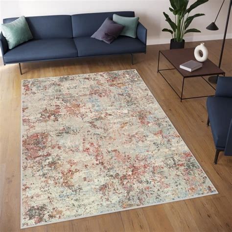 TAPISO Tapis Salon RETRO Poil Court Classique Gris Brun Roux Bleu Beige