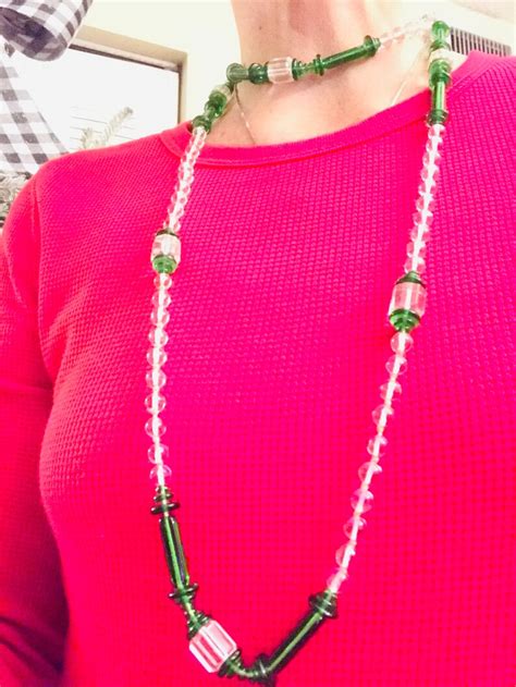 Vintage Green And Clear Long Glass Beads Necklace Etsy