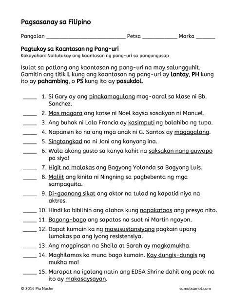 Kaantasan Ng Pang Uri Filipino 4 Worksheet Grade 4 Filipino Lesson ...