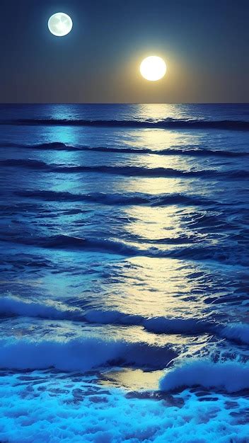 Premium Ai Image Sun And Moon Reflection On Night Beach With Waves Seascape Background