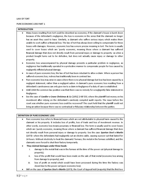 Pure Economic Loss P1 Exam Notes Pdf Negligence Tort