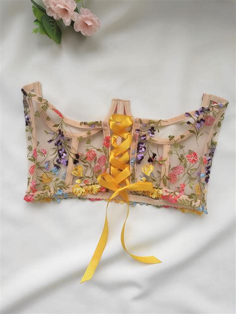 Cupless Corset Underbust Corset With Embroidered Flowers Etsy