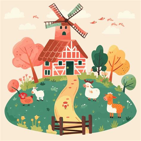 Premium Vector | A cartoon illustration of a farm with a farm and a ...