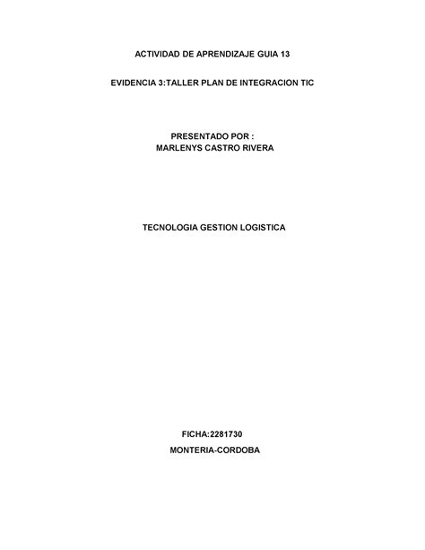 GUIA 13 Evidencia 3 Taller PLAN DE Integracion Y TIC Docx ACTIVIDAD