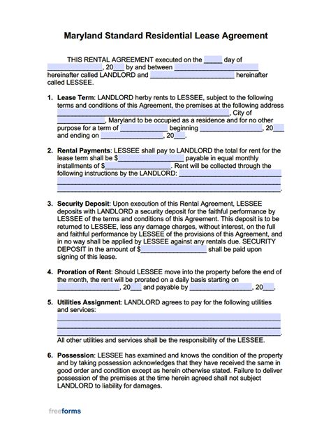 Free Maryland Standard Residential Lease Agreement Template PDF WORD