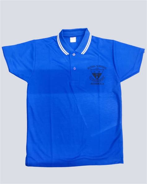 Blue Short Sleeve Plain Polyester Polo Neck School T Shirt Size M