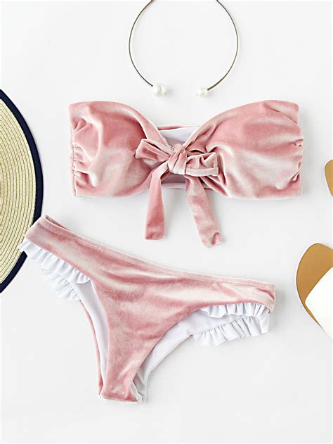 Shop Frill Trim Velvet Bandeau Bikini Set Online SheIn Offers Frill