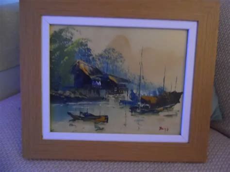 Oil Painting Of Chinese Vietnam Junk Boats P Wong Original