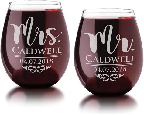 Classy 21oz Wife Husband Mr Mrs Personalized Stemless Wine Glasses Set Of 2