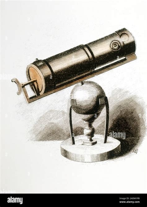 Coloured engraving of Isaac Newton's reflecting telescope, known also ...