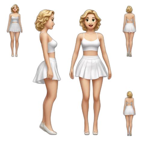 Hyperrealistic Full Body Caucasian Curvy Beauty Jumping Short White Skirt Back And Front Views