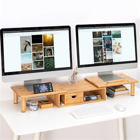 Buy Dual Monitor Stand Riser With Drawer For Desk Laptop Desk Shelf