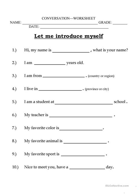 Myself Worksheet For Grade 2