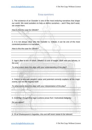 Othello Essay Questions And Sample Essay Teaching Resources