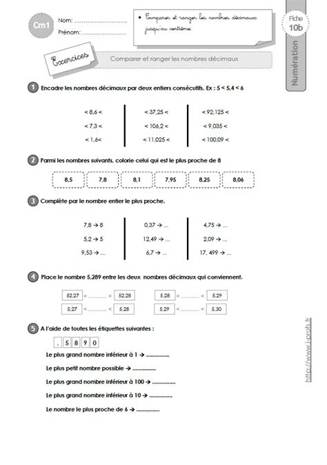 Ranger Nombres Decimaux Exercices