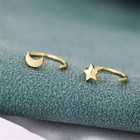 Tiny Mismatched Moon And Star Huggie Hoop Earrings In Sterling Etsy Uk