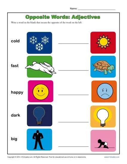 Kindergarten Antonym Worksheet - Opposite Words: Adjectives