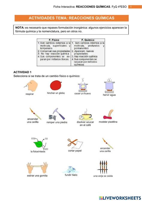 Ejercicio de FyQ4ºESO REACCIONES QUÍMICAS Reacciones quimicas