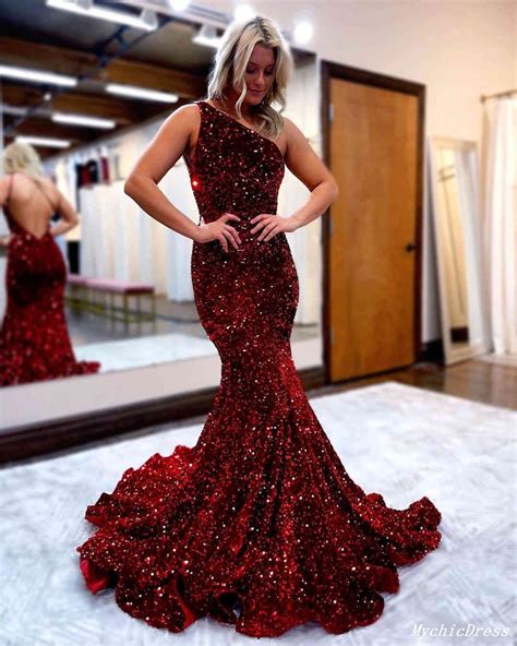 Sparkly Sequin Burgundy Prom Dresses 2023 Mermaid One Shoulder Evening