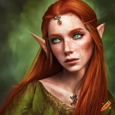 Portrait Of An Auburn Haired Elven Woman With Green Eyes And Freckles